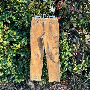 Cali Cali Suede Leather Straight Leg Floral Detail Pants